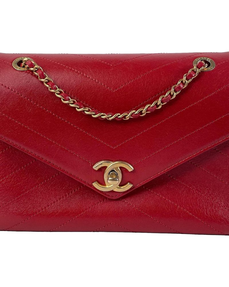 Chanel Chevron Envelope Red Flap Bag